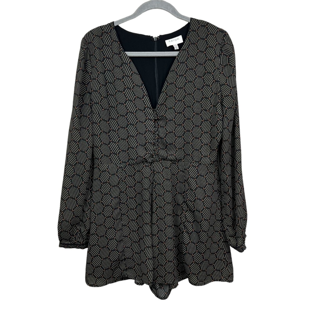 Harlyn Women Romper Polka Dot Keyhole Neck Long Balloon Sleeve Lined Black Sz M*